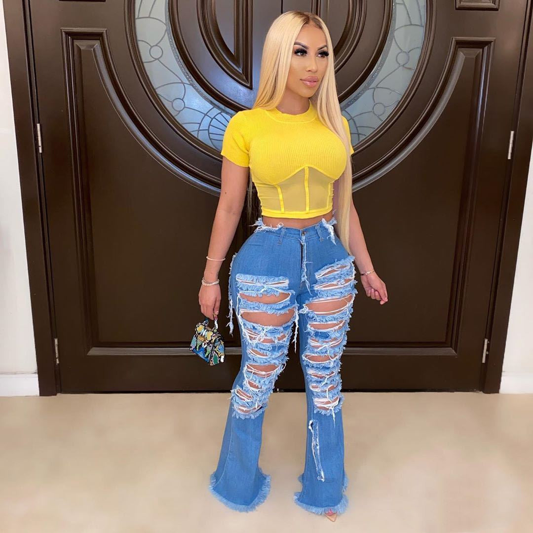 KG4160 Wide Leg Ripped Personality Street Trend Horn Bell Bottom Denim Pants Jeans Women - My Store