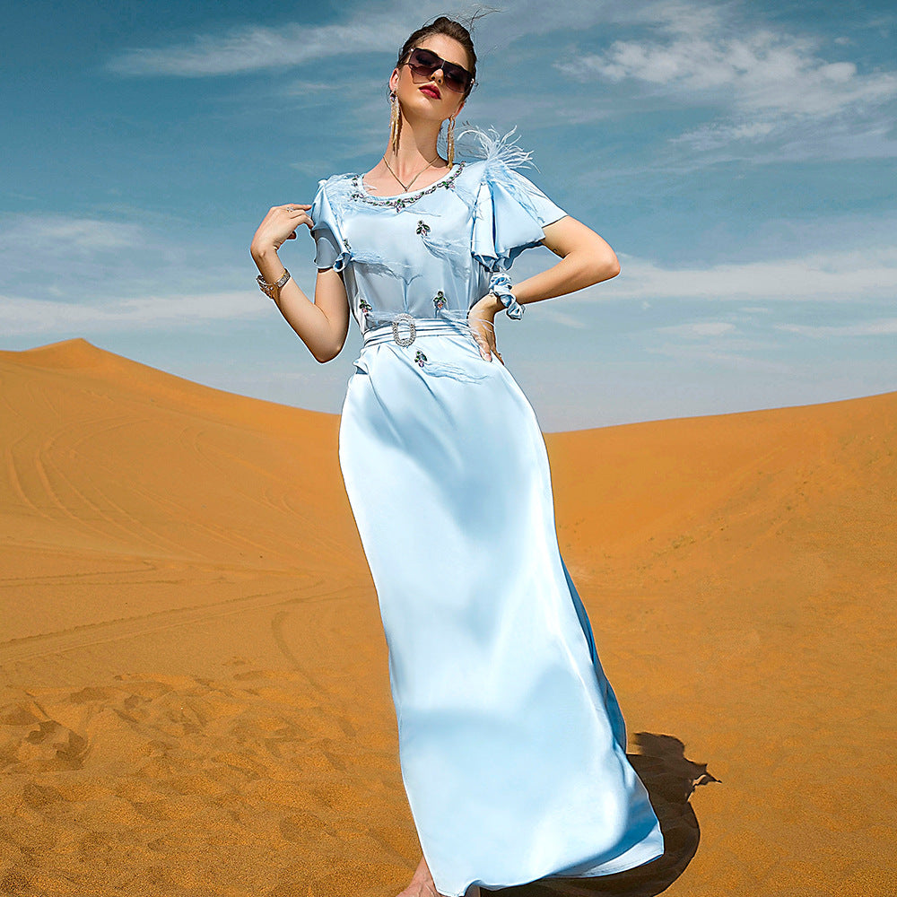 Sky Blue Slim Satin Short Sleeve Abaya Dresses of Evening Dress Pattern for Wedding - My Store