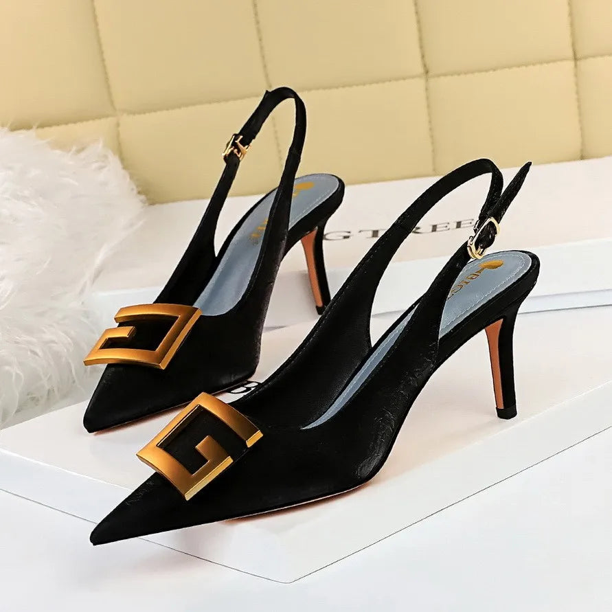 8999-5 High Heels Shoes for Women Shallow Pointed Hollow Back Metal Square Buckle Thin High Heel Sandals Heels for Ladies