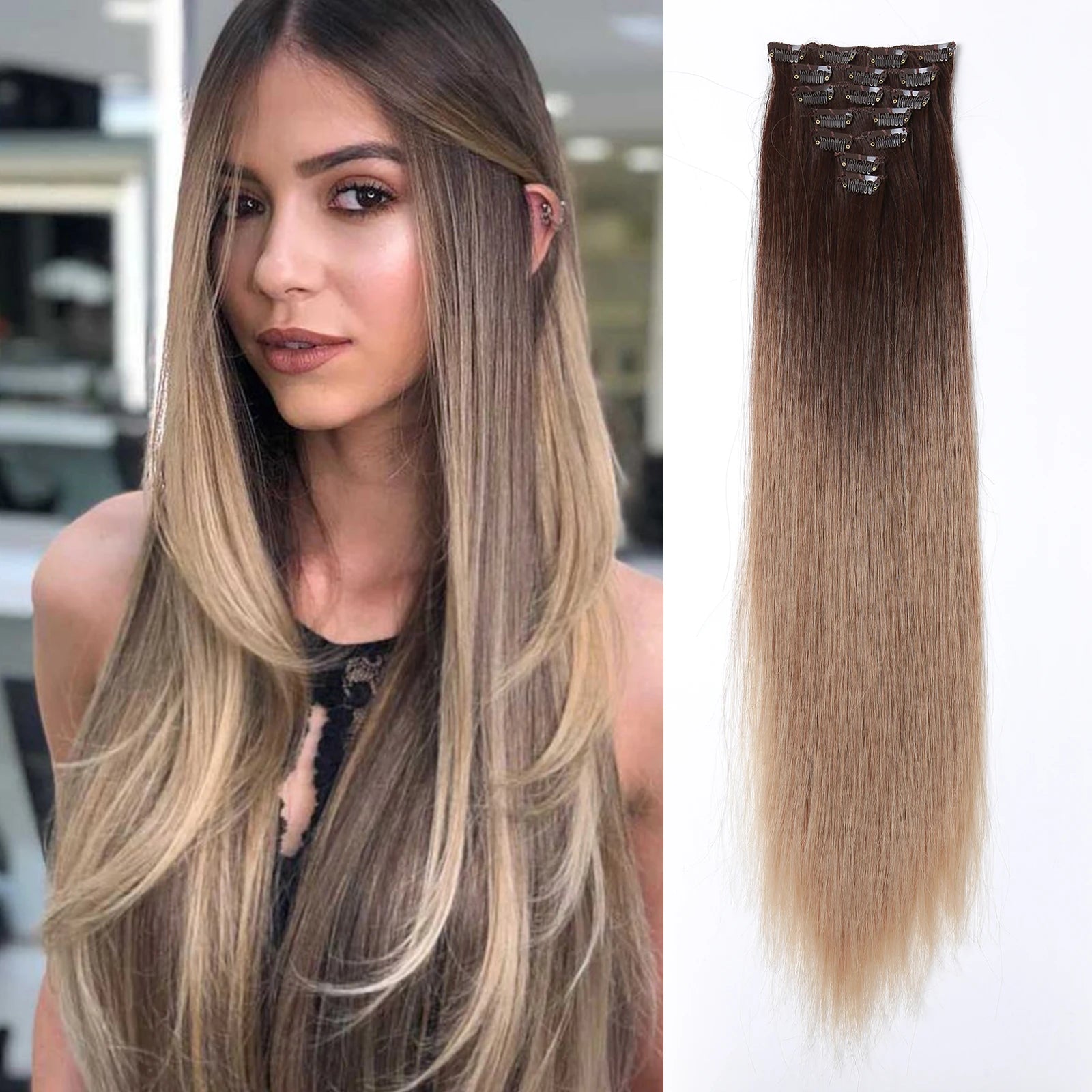 Two-Color Gradient Clip Hair Extension 24" Synthetic Wig Band Clip Clip in Hair Extensions