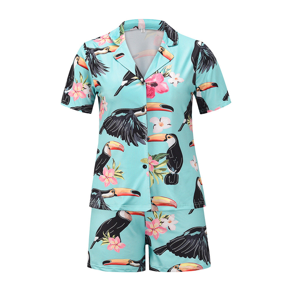 Wholesale Satin Pajamas Summer Print Casual Two Piece Night Pajama Suit Silk Sleep Wear Pajama for Women