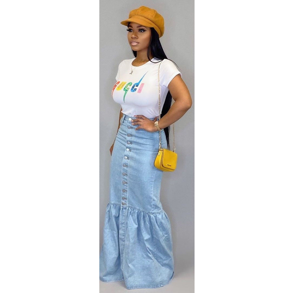 New Product Wholesale Long Denim Skirts Slim Flower Denim Skirt Ladies  Denim Skirt