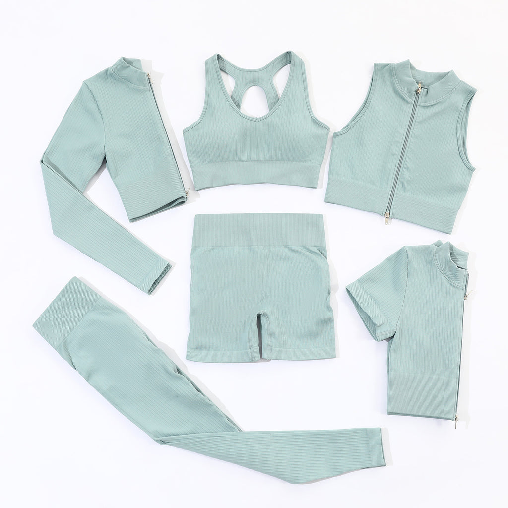 2022 Women Ribbed Zipper Yoga Set 6 Pieces Activewear Jogger Seamless Sportswear Fitness Gym Clothing