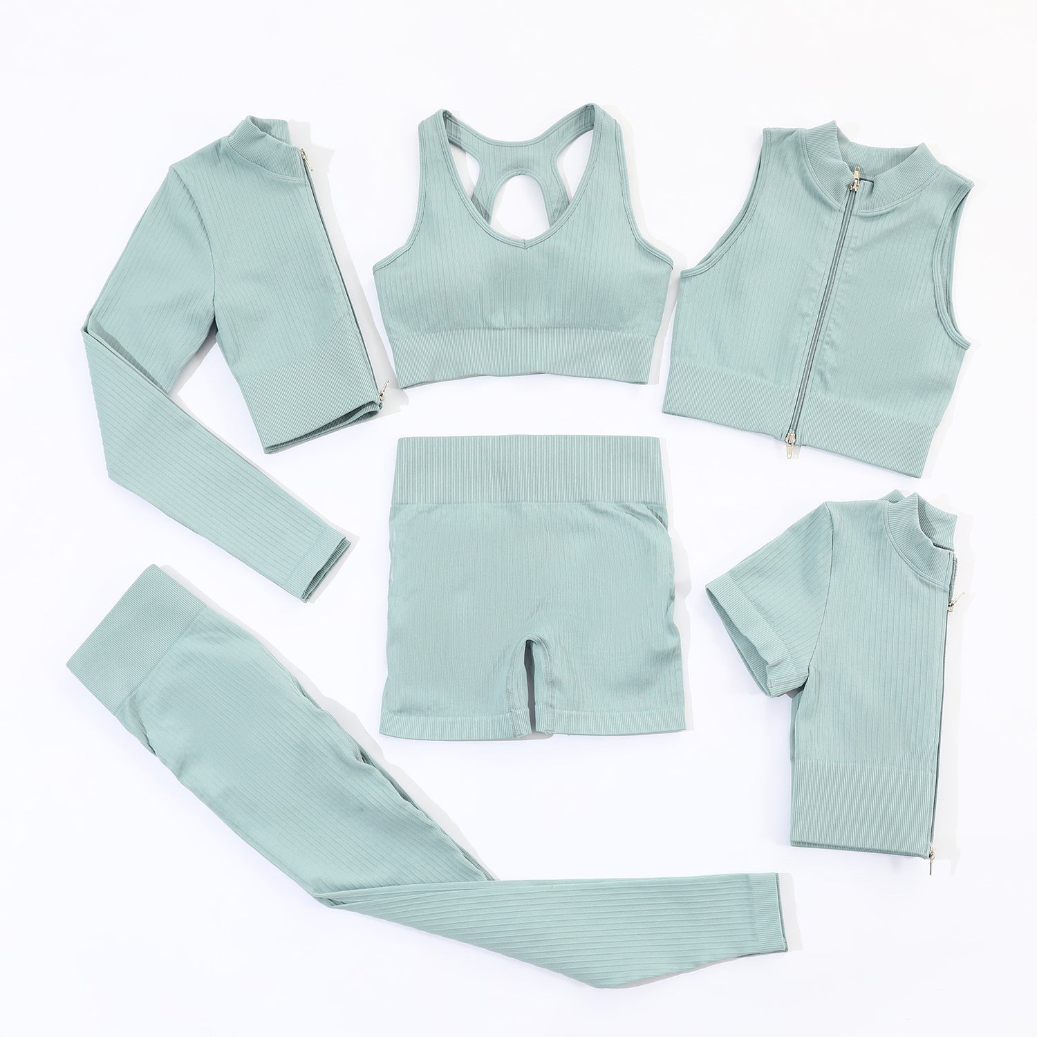 2022 Women Ribbed Zipper Yoga Set 6 Pieces Activewear Jogger Seamless Sportswear Fitness Gym Clothing