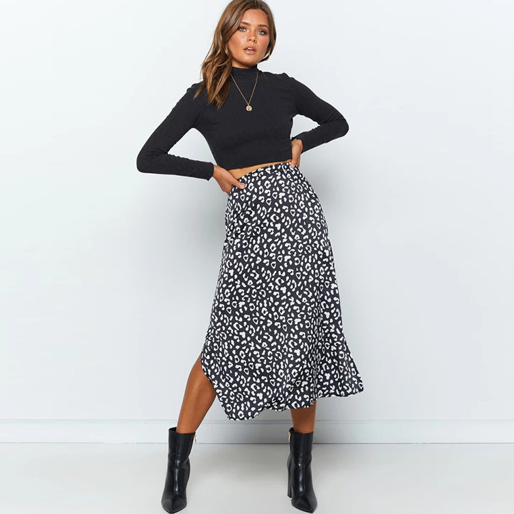 Spring/Summer Leopard Chiffon Skirts Printed Womens Skirts Midi Sexy Zipper High Waist Maxi Skirt