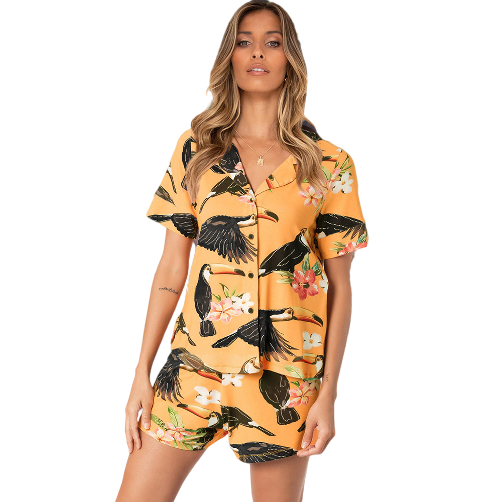 Wholesale Satin Pajamas Summer Print Casual Two Piece Night Pajama Suit Silk Sleep Wear Pajama for Women