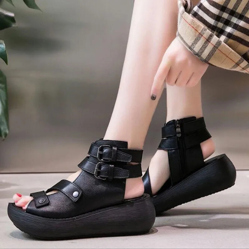 Women Summer Sandals Mid Heels Wedges Shoes Ladies Vintage  Leather Plus Size Sandalias Mujer Sapato Feminino Sandal Platform