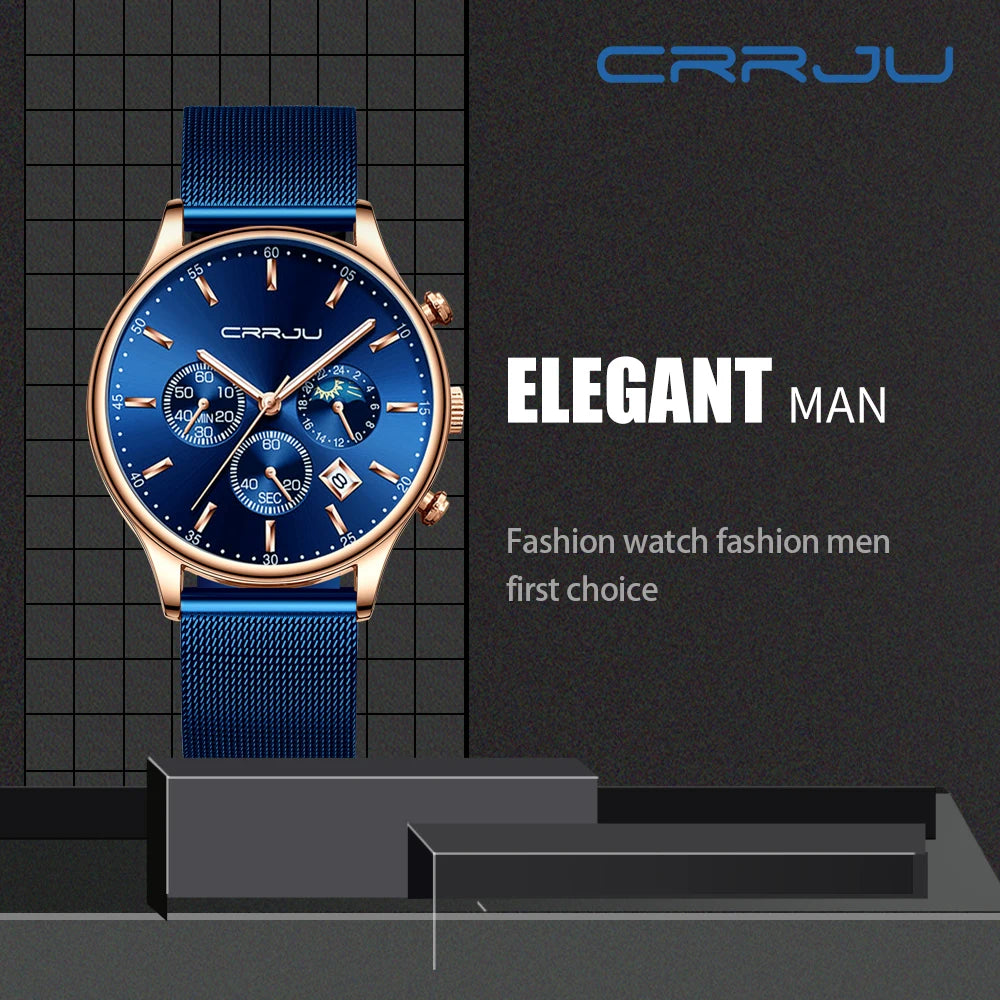 Relogio Masculino CRRJU Luxury Quartz Watch for Men Blue Dial Watches Sport Watches Chronograph Clock Mesh Belt Wrist Watch