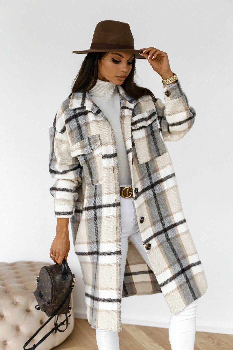 KaiChen  Printed Plaid Color Women's Cardigan Long Coat Turtleneck Warm Coat Long Coats Colorful