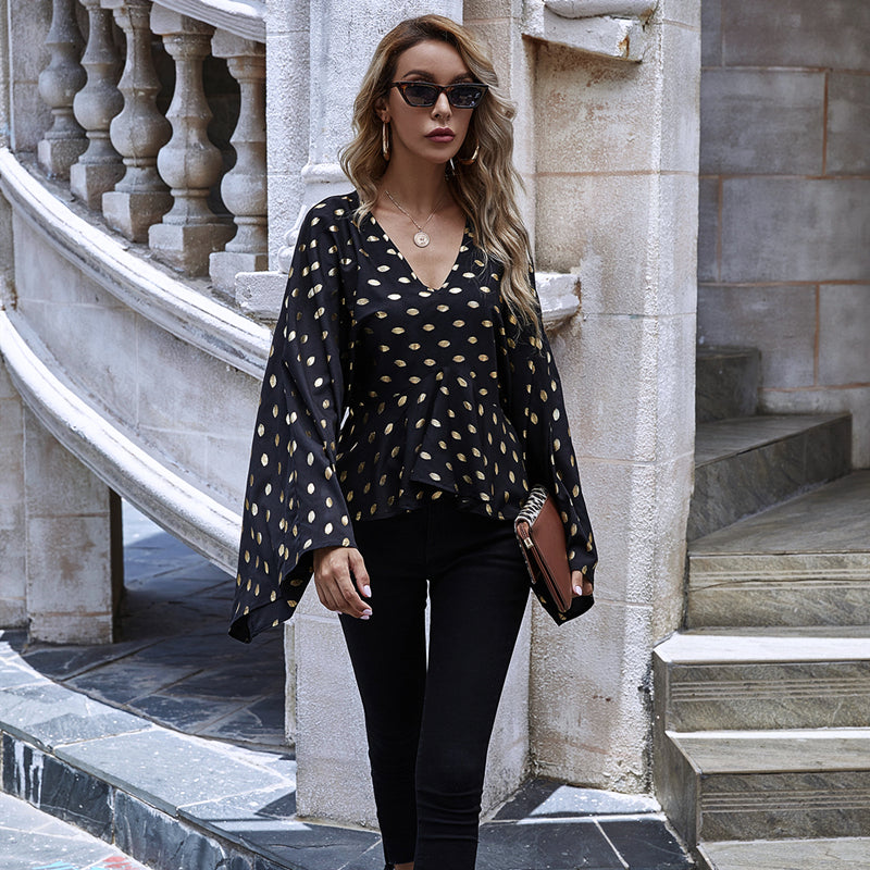 Ladies Blouse Gold Dot Printed Long Sleeve Women Tops Elegant Black Blouses Sexy Ruffle Shirt Top