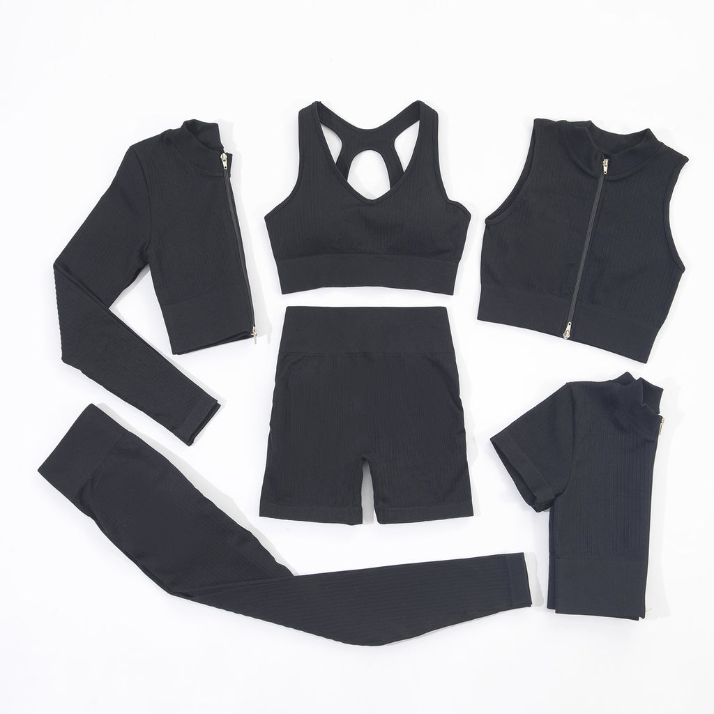 2022 Women Ribbed Zipper Yoga Set 6 Pieces Activewear Jogger Seamless Sportswear Fitness Gym Clothing