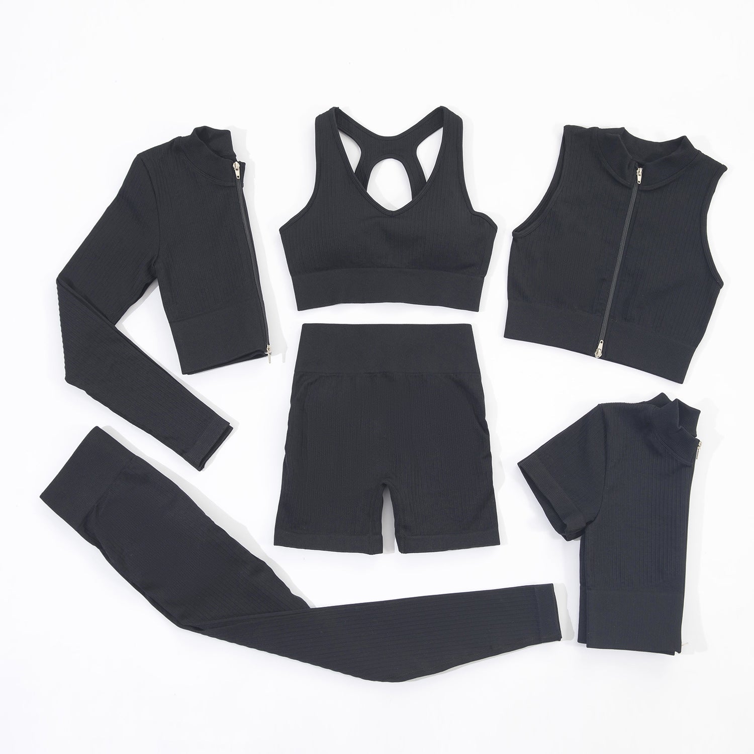2022 Women Ribbed Zipper Yoga Set 6 Pieces Activewear Jogger Seamless Sportswear Fitness Gym Clothing