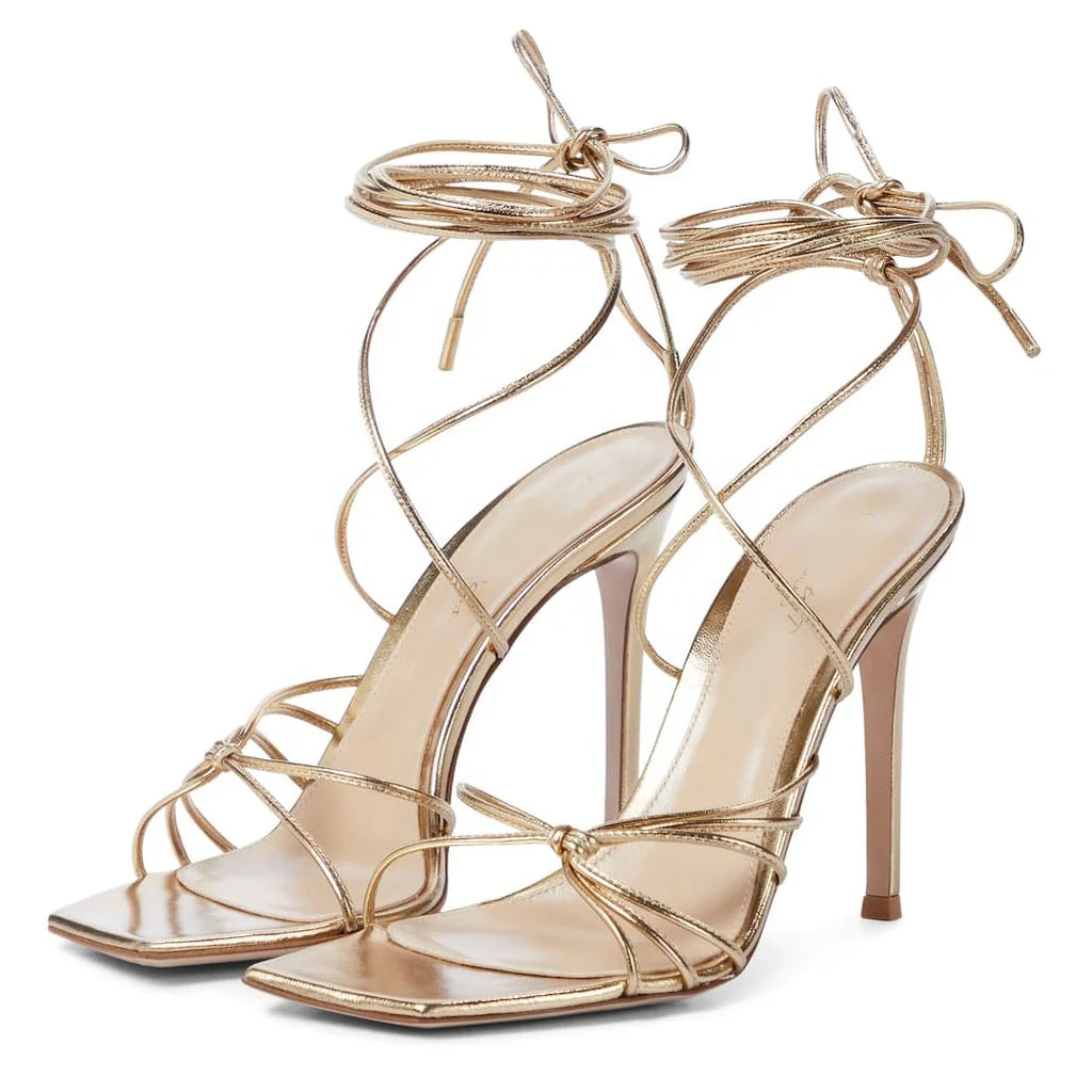 New Arrivals Women Heels 2021 Hot Selling Square Toe Spike Heels Lace Sandals in Gold Pu Leather Women Heel Summer Pumps