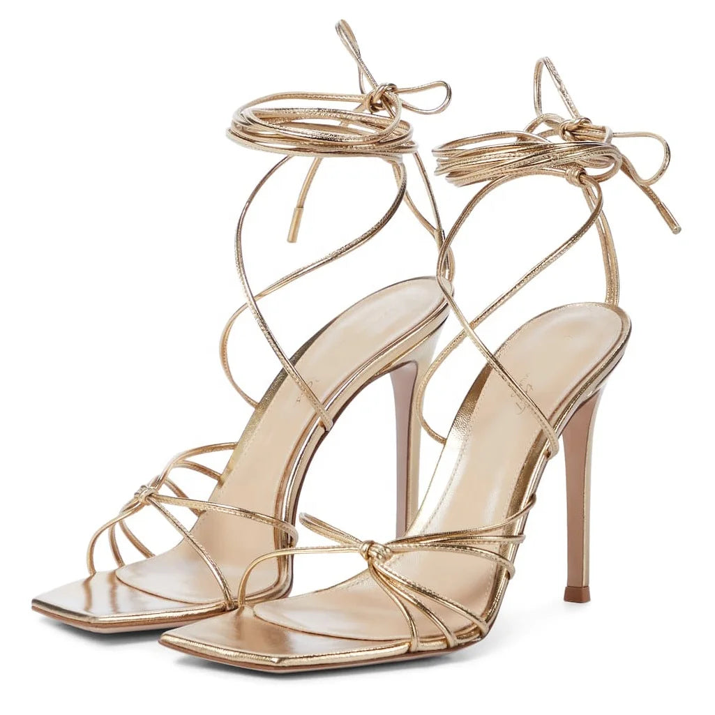 New Arrivals Women Heels 2021 Hot Selling Square Toe Spike Heels Lace Sandals in Gold Pu Leather Women Heel Summer Pumps