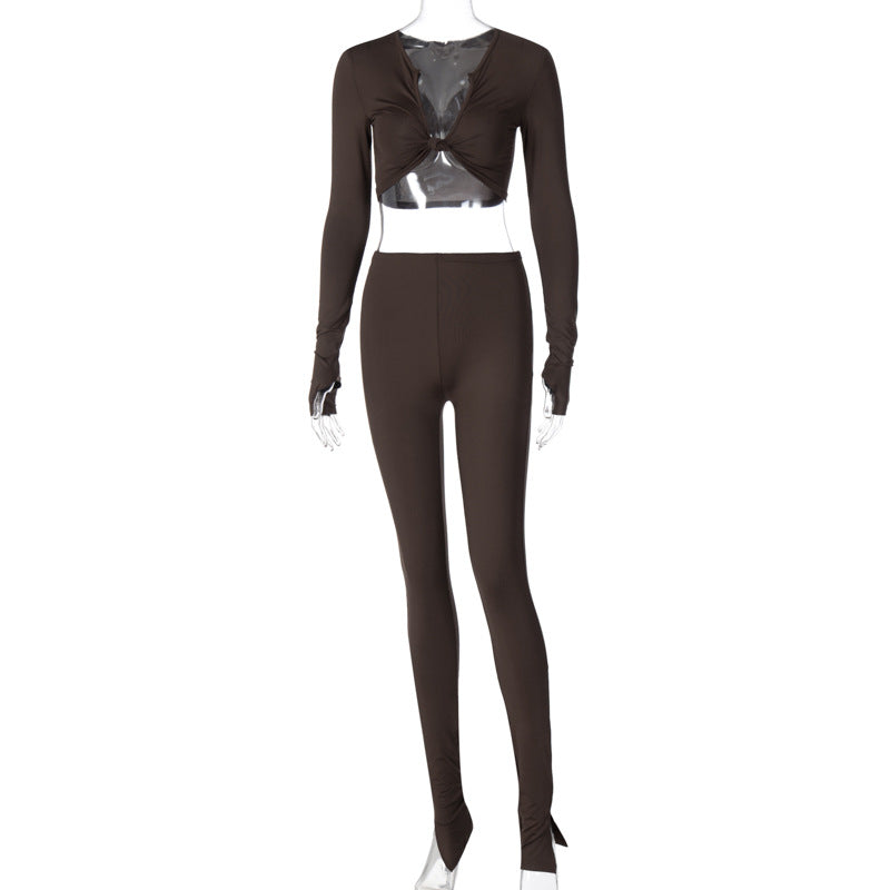 TG037 Autumn Trendy Active Wear Women Yoga Long Sleeve Bodycon Solid Color Yoga Set Fitness Womens Activewear