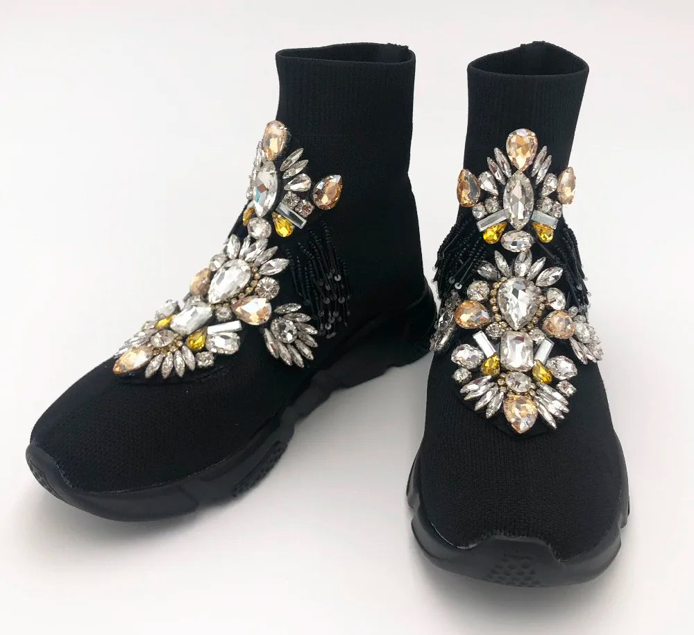 Crystal Sock Sneaker Shoes Women Shoes With Crystals Rhinestone Sock Shoes Fashion Sneakers Women Short Boot Shoes WK85