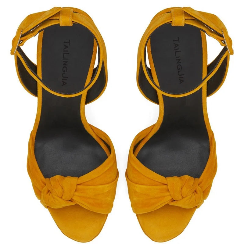 Ankle Strap Woman Knotted High Heels Chunky Heel Platform Sandals