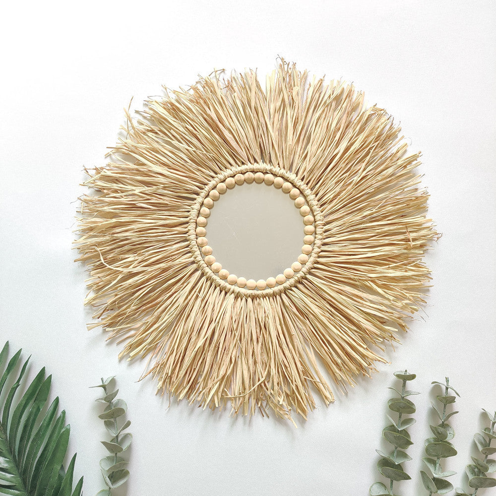 Hot Sales Boho RAFFIA Decor Mirror 45cm Lafite Grass Mirrors Decor Wall Mirrors Decoration With Wood Balls for Home