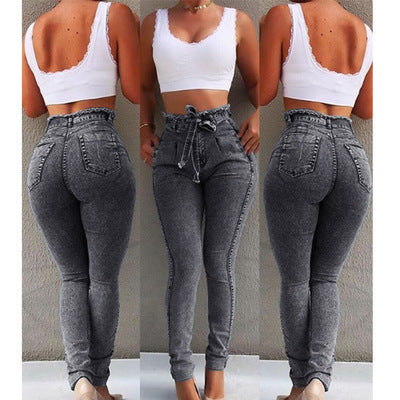 Plus Size Clothing 4XL 5XL Slim Stretch Denim Jean Bodycon Tassel Belt Bandage Skinny Push Up Jeans High Waist Jeans for Women