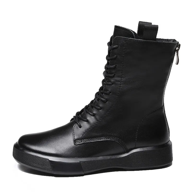 DRKANOL 2025 Fashion Women Boots Autumn Winter Shoes Soft Bottom 100% Genuine Leather Flat Mid Calf Boots Women Casual Warm Boot