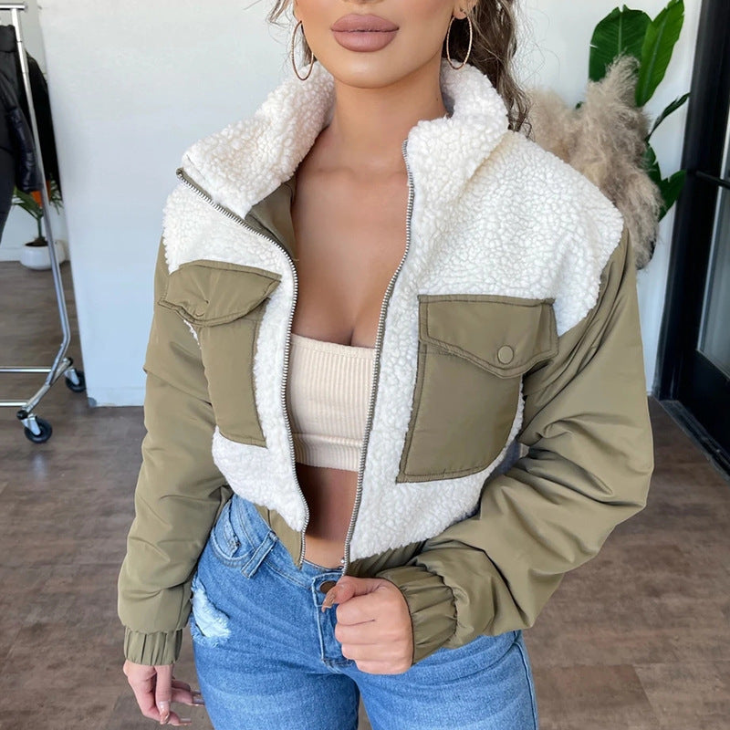 Ibeauty Top Sale Street Short Lamb Wool Stitched Zip Coat Women's Trench Coats Winter Coats for Ladies Women