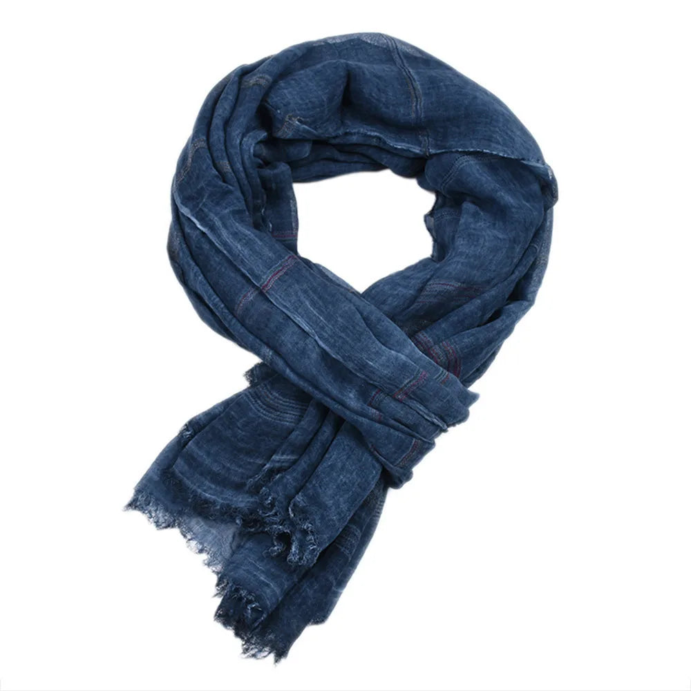 Japanese Korean Cotton Linen Men Scarf Autumn Winter Men's Stripe Scarves Casual Black Navy Scarves Bufanda Male Accessories