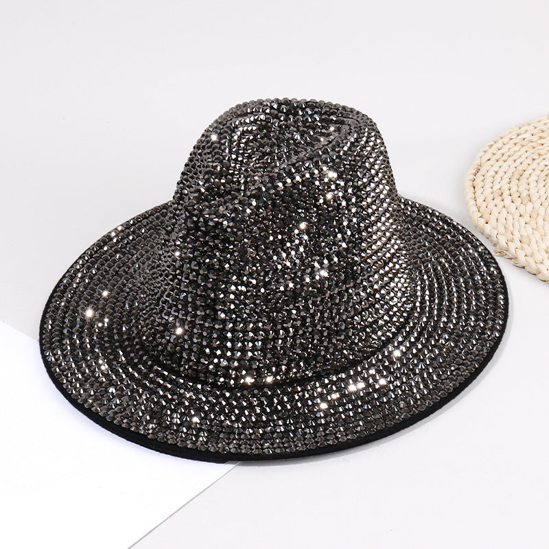 New Adult Wide Brim Sombrero Hip Hop Jazz Hat Men Borsalino Fedora Bucket Hats White Rhinestone Fedora Hats