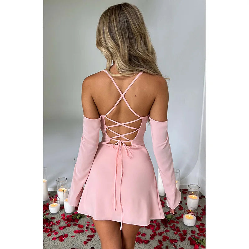 K23D32311 Solid Mini Dresses Ladies Slim Dress Halter Bandage Women Casual Dresses