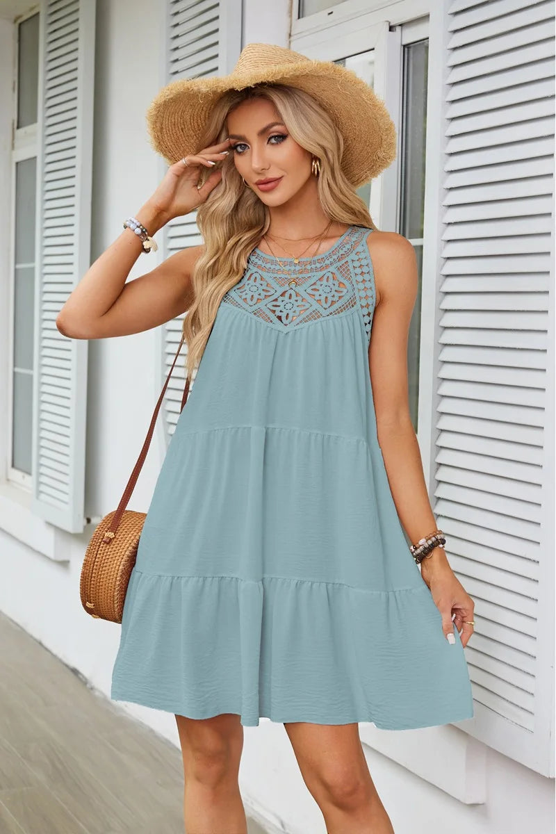 Custom Logo Women's Dresses Hollow Lace Stitching Halter Neck A-Word Dress Casual Dresses