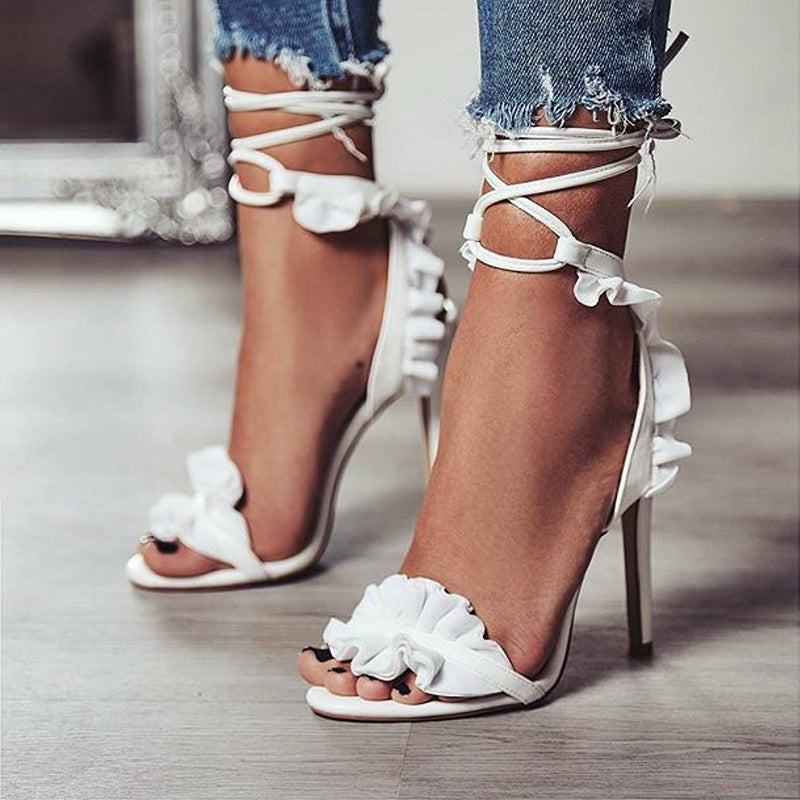 Deleventh Shoes 747 Ladies Fashion Ankle Cross Strap High Heels Pencil Heel White Lace Up Sandals Heels for Ladies Stock Sandals