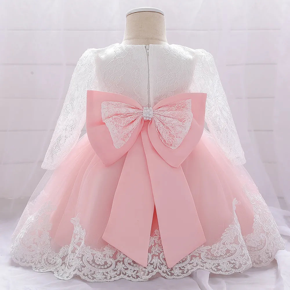 Baby Girl Dresses Party and Wedding Newborn Girl Long Sleeve Lace Dresses With Big Bow Infant Girl 1st Birthday Princess Dress - My Store