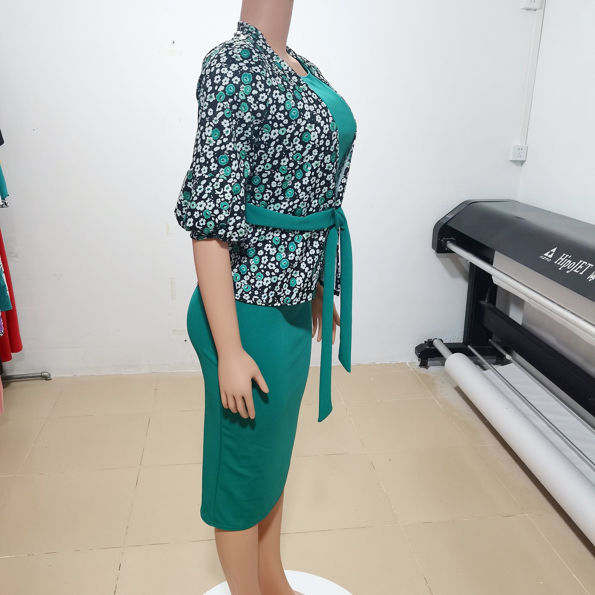 Ladies Jacket Bodycon Dress Two Piece Dresses Women Lady Elegant Flowers Long Sleeves Office Dresses
