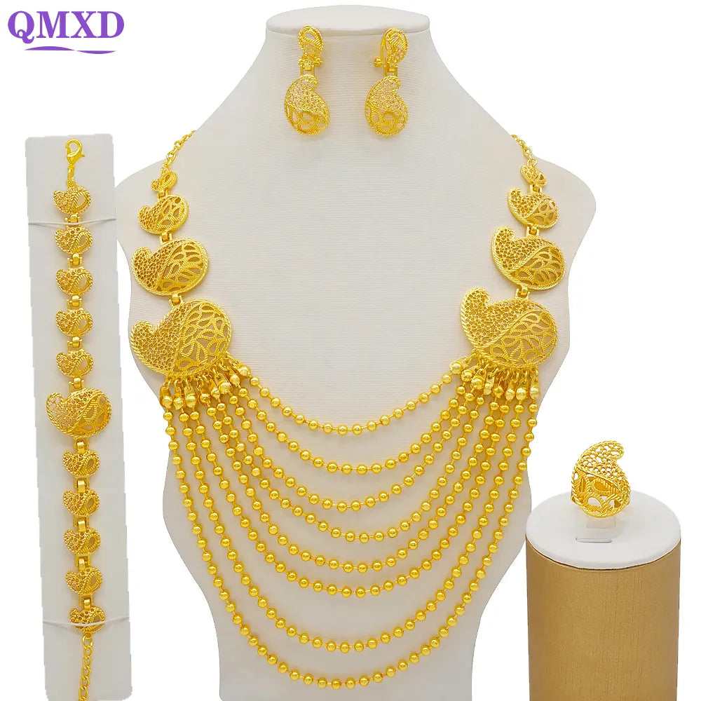 Dubai African Gold Color Jewelry Sets for Women Indian Jewelery Nigerian Necklace Ring Earring Wedding Accessories