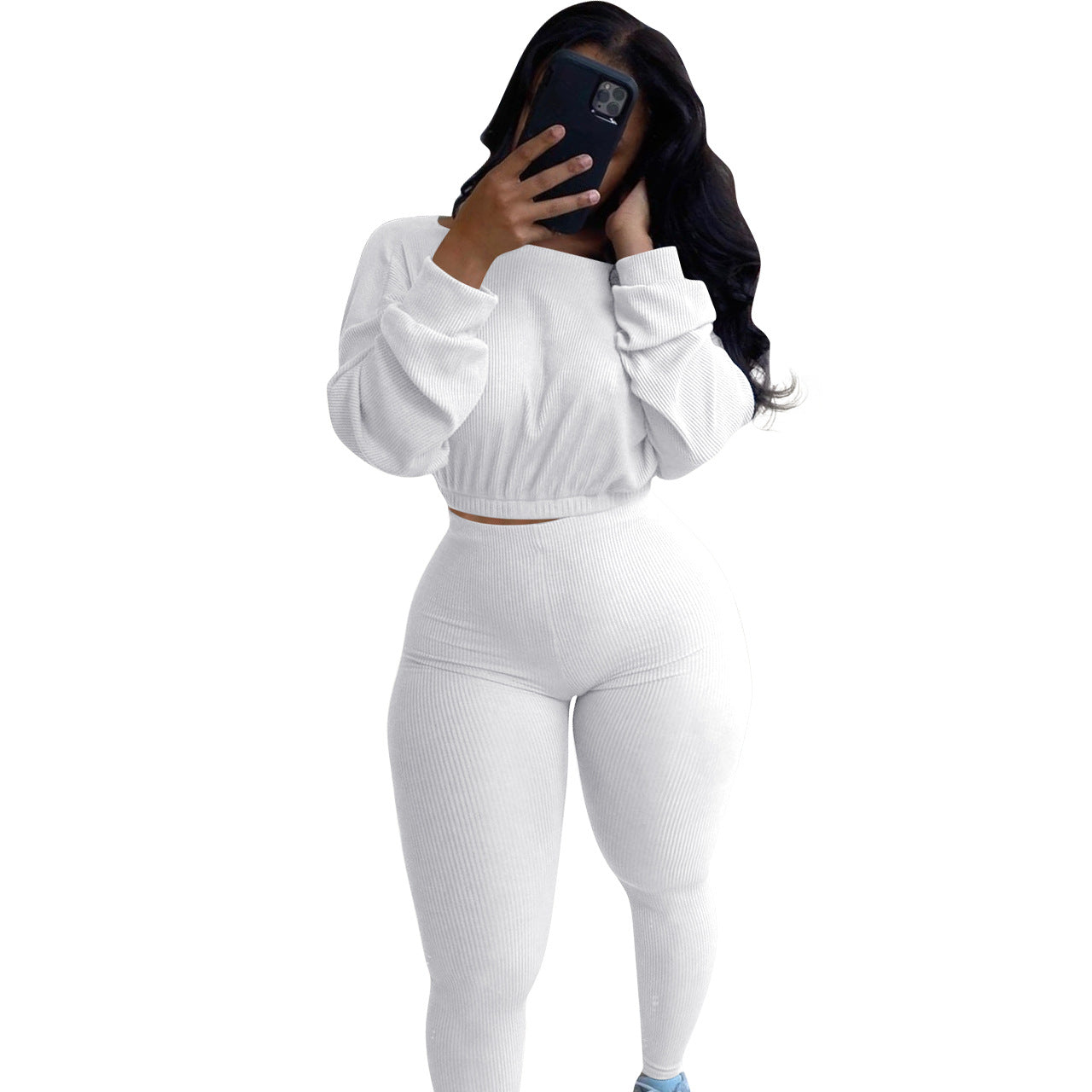 Spring Fall Ladies Clothing Multicolor 2 Piece Jogger Set Woman Boat Neck Elastic Band Casual Rib Activewear Pants Set