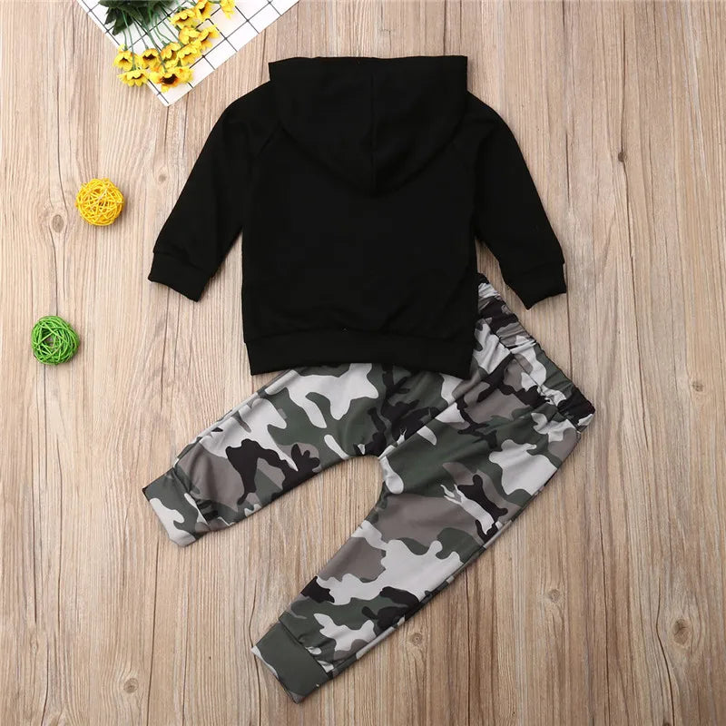 1-6t Boys Clothes Set Black Letter Boys Hooded Sweater Boys Hoodies Tops Camouflage Pants Set Children Boys Outfits