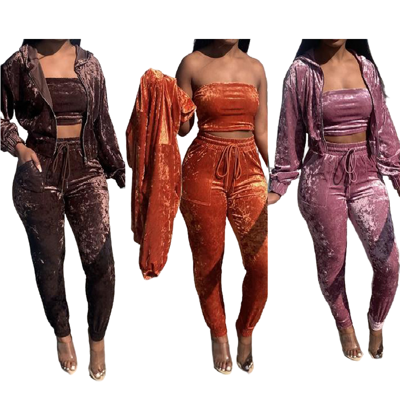 Wholesale Velvet Three Piece Activewear Jogger Pants Set Velour Sweatsuit Jogging Set for Women Zipper Hoodie 3 Piece Sets