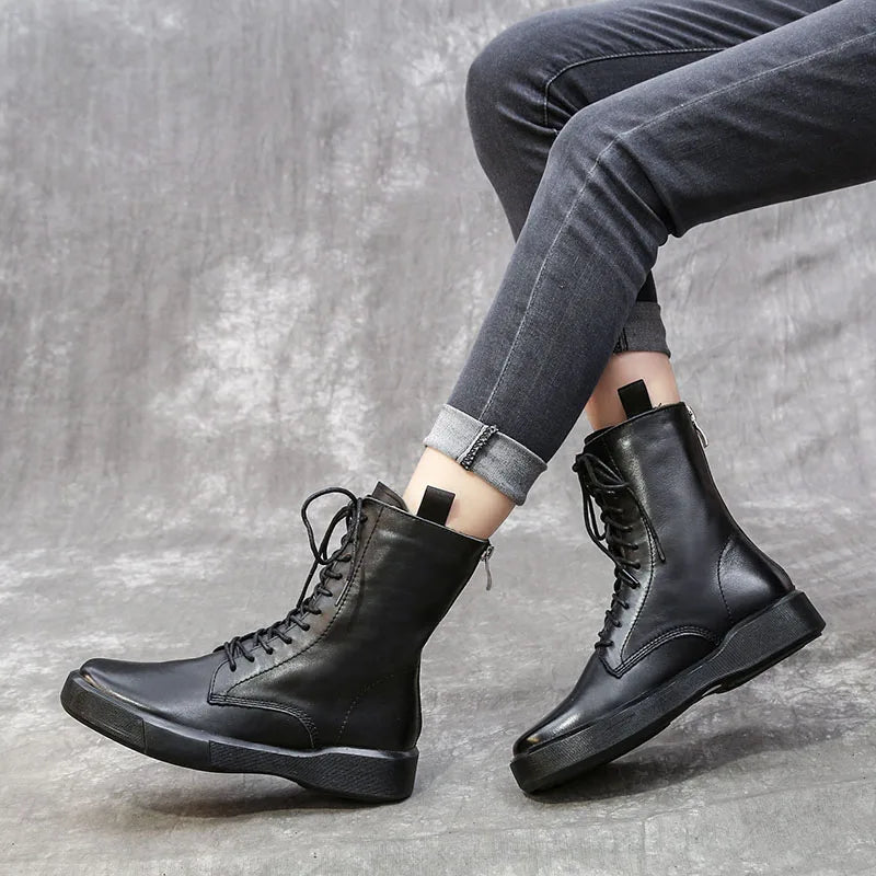 DRKANOL 2025 Fashion Women Boots Autumn Winter Shoes Soft Bottom 100% Genuine Leather Flat Mid Calf Boots Women Casual Warm Boot