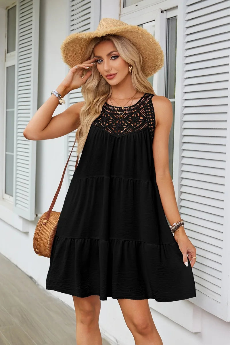 Custom Logo Women's Dresses Hollow Lace Stitching Halter Neck A-Word Dress Casual Dresses