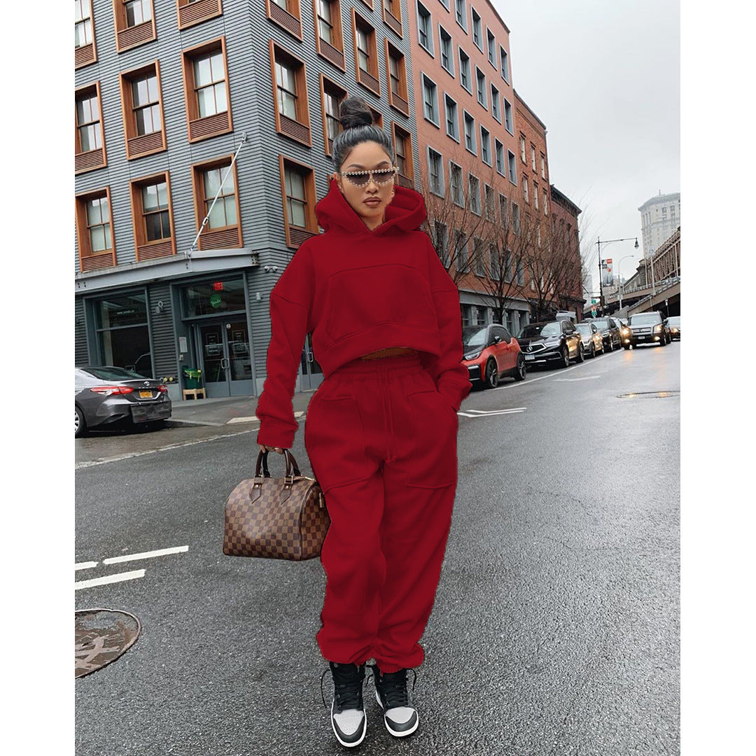S - 3XL INS Fashion Winter Hoodies Two Piece Tracksuit Casual Womens Fleece Hoodie and Jogger Set - My Store