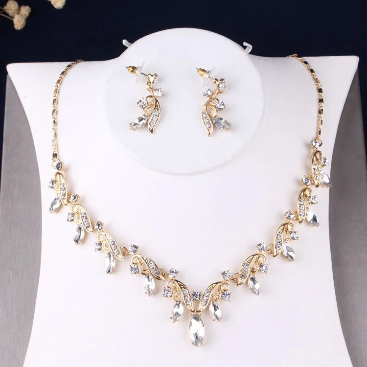 Baroque Rhinestone Bridal Jewelry Sets Wedding Leaf Crystal Gold Color Choker Necklaces Stud Earrings African Beads Jewelry Set