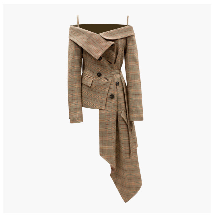 New Vintage Blazers Coat Women Plaid Asymmetrical Off Shoulder Fashion Coats