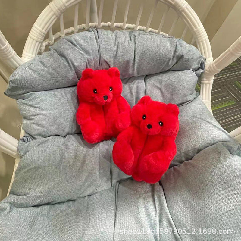 Drop Shipping Fashion Design Winter Women Girl Fur Shoes Cute Cartoon Animal Teddy Bear Warm Slippers Bedroom Soft Fur Slipper