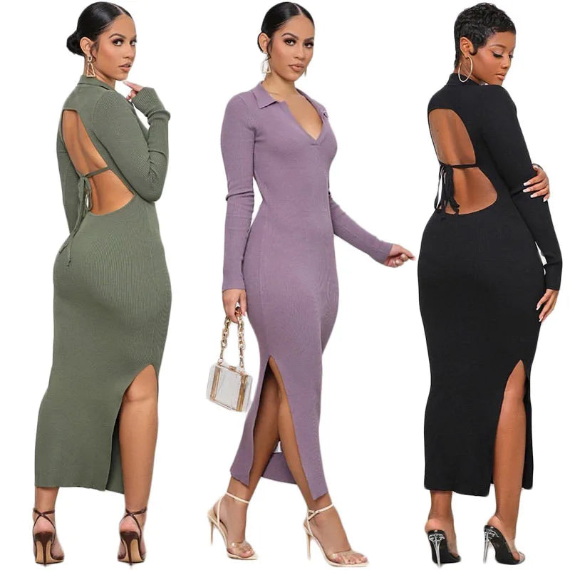 2022 Hot Sell Summer v Neck Bodycon Casual Backless Dresses Elegant Sexy Long Sleeve Dress for Women - My Store
