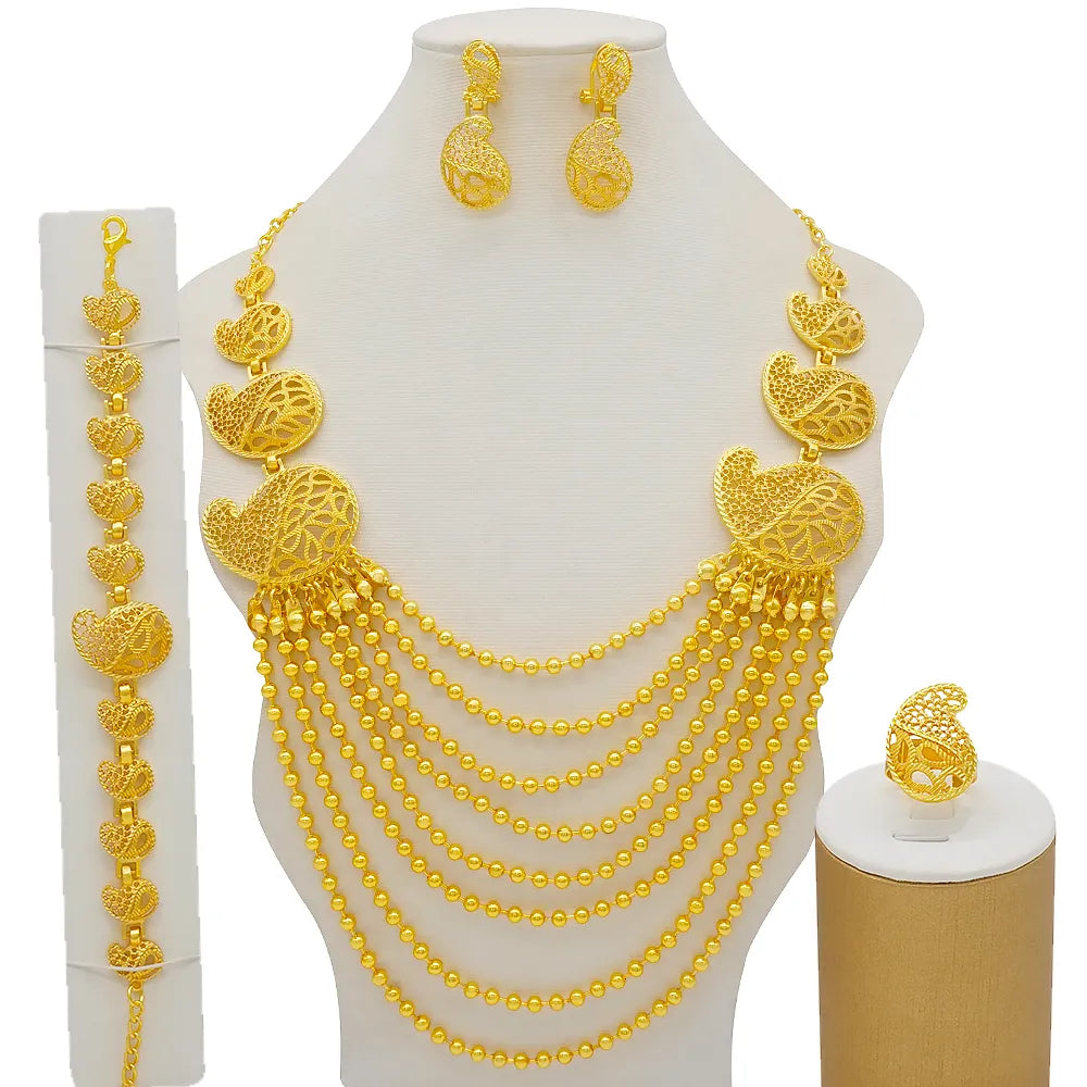 Dubai African Gold Color Jewelry Sets for Women Indian Jewelery Nigerian Necklace Ring Earring Wedding Accessories