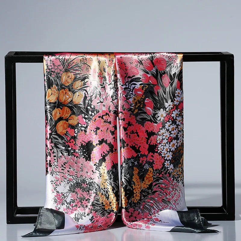 90cm Fashion Silk Satin Scarf for Women Headband Floral Print Kerchief Hijab Scarves Fermale Square Shawls and Wraps Neck Scarfs