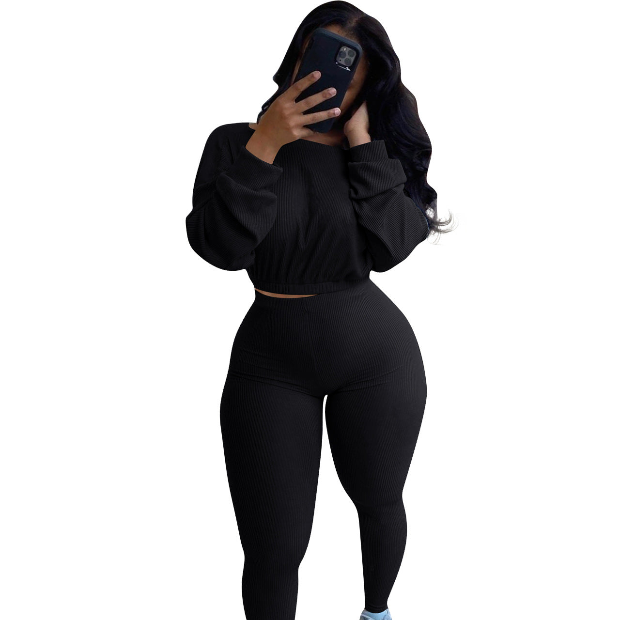 Spring Fall Ladies Clothing Multicolor 2 Piece Jogger Set Woman Boat Neck Elastic Band Casual Rib Activewear Pants Set