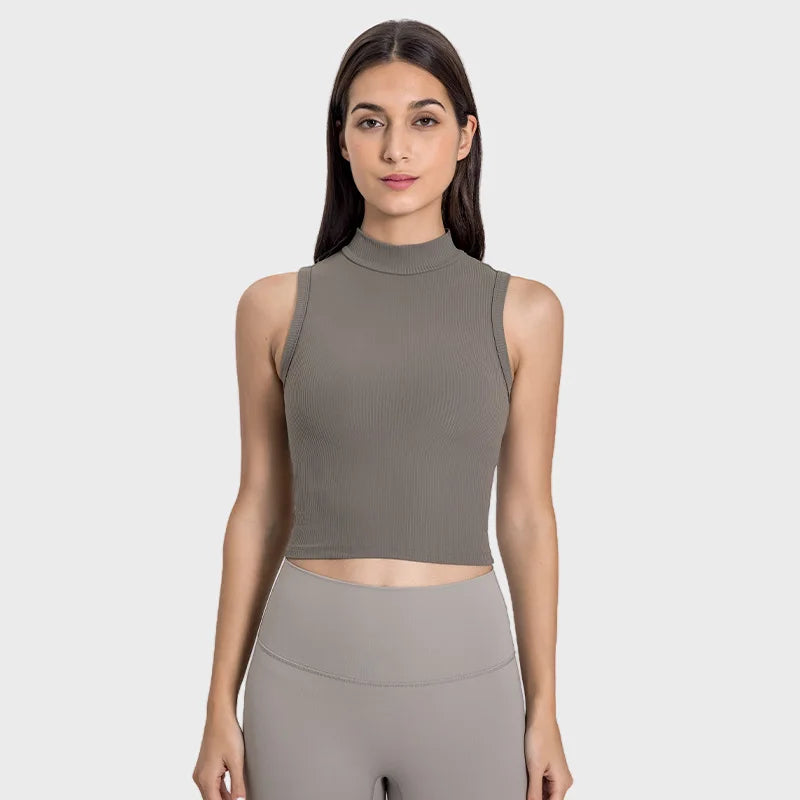 Xsunwing Sports Crop Tank Tops Women Seamless Ribbed Activewear Round High Neck Workout Crop Top Casual Yoga Gym Vest WDQ102