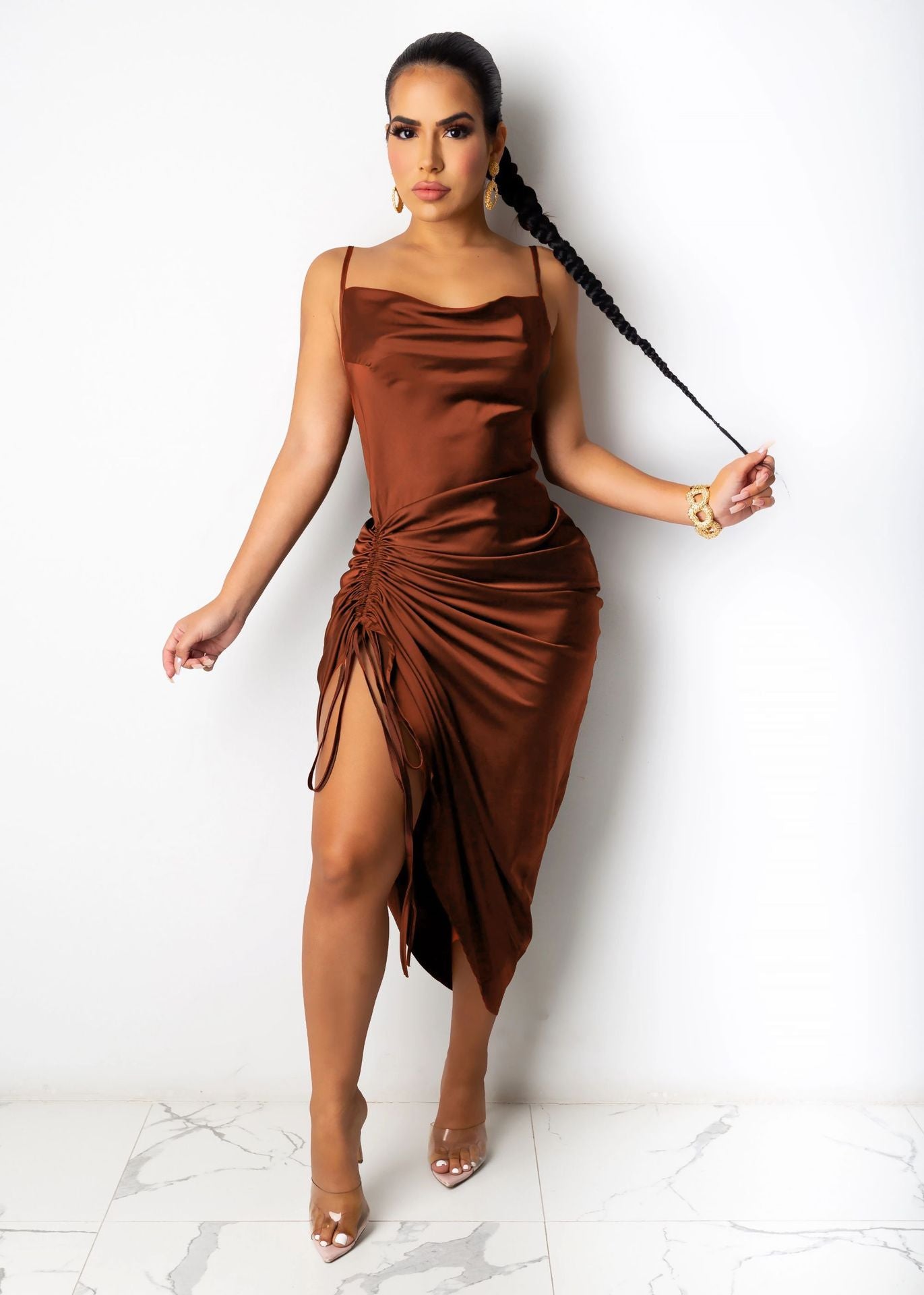 New Arrival Satin Dresses Night Dresses Club Party Sexy Wrinkle Maxi Dress for Woman