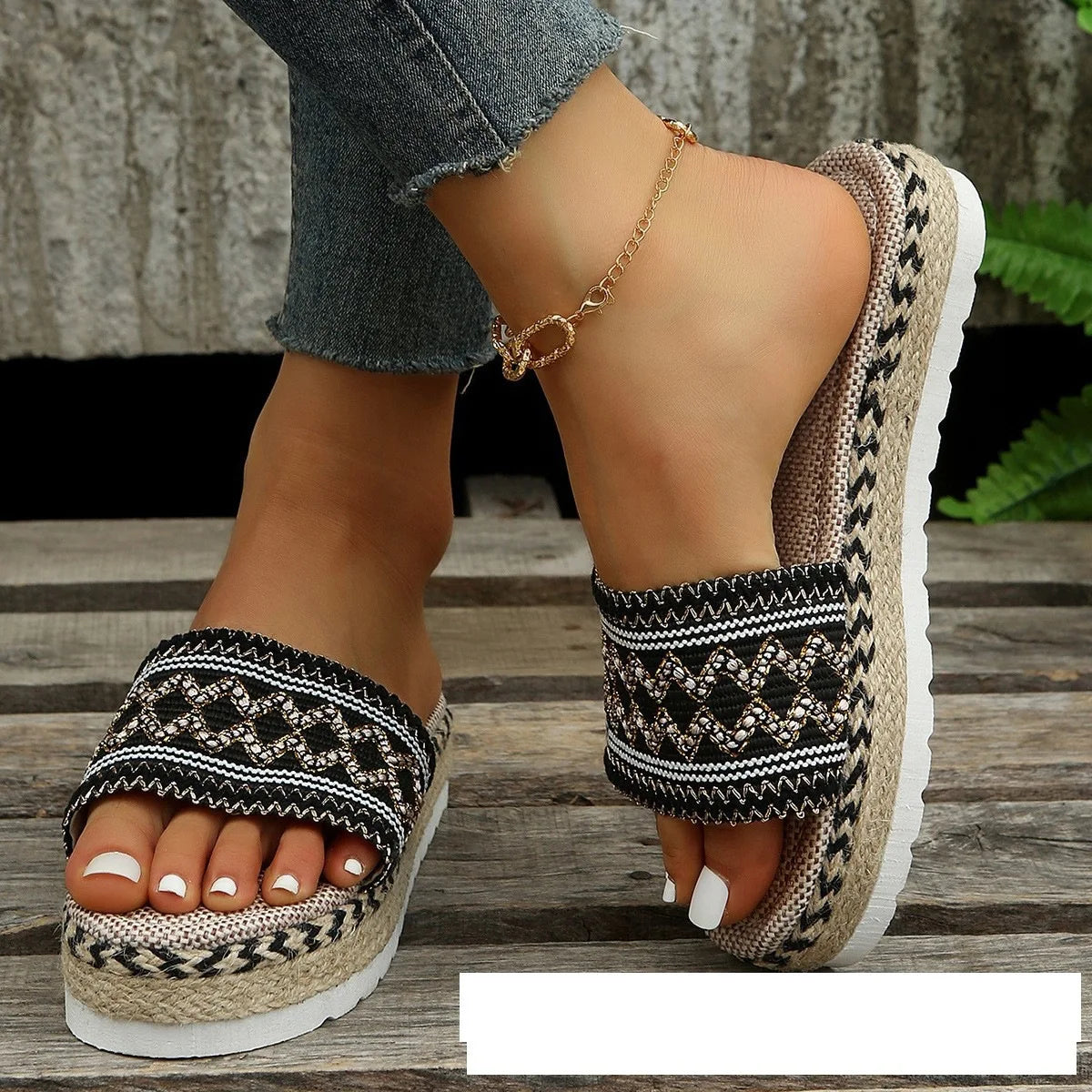 Flat Large   Women's Black Pattern Slippers Wear Embroidered Slippers Outside in Summer Bedroom Slippers for Women