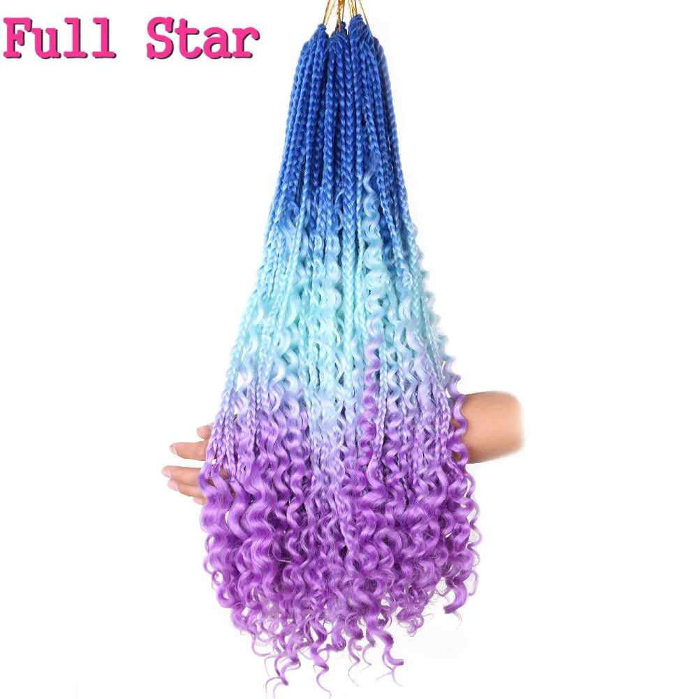 Full Star 22Inch 12 Strands Tight Box Braids Crochet Hair Wavy Ends Synthetic Hair Extensions Ombre  Black Brown Color
